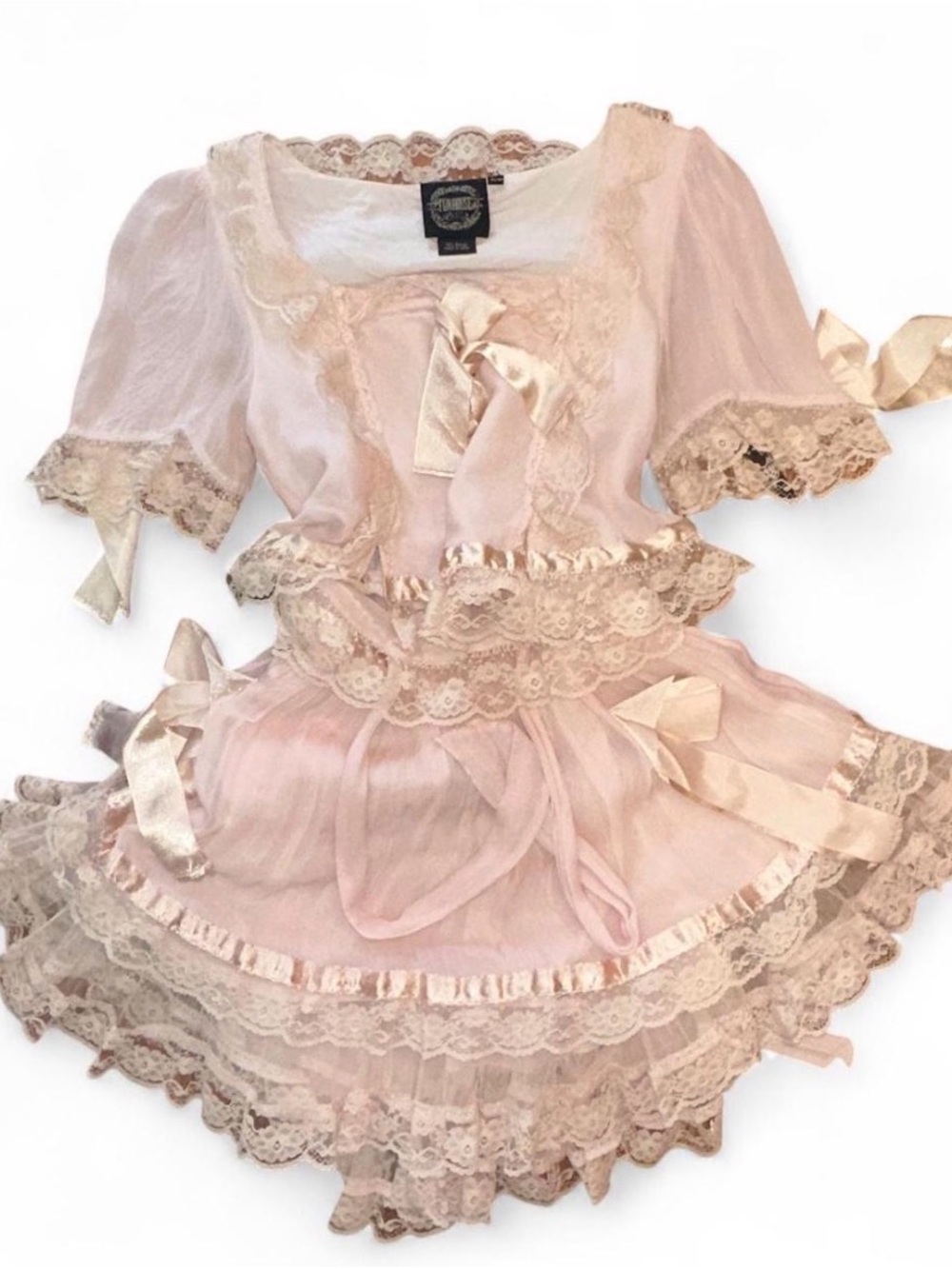 Sheer Blush Pink Lace Trim Babydoll Two Piece Vintage Set